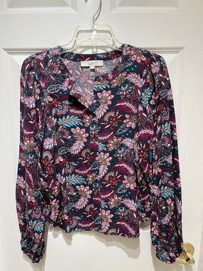 NWT LOFT Teal and Magenta Paisley Button-Front Long Puffy Sleeve Blouse